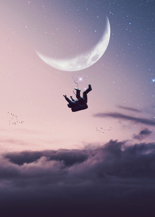 Plagát Crescent moon watching an astronaut fall into the clouds