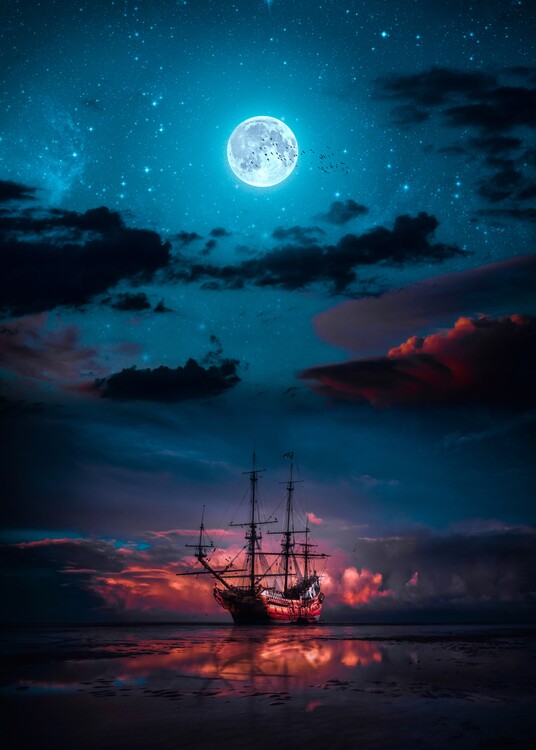 Tableau sur toile Pirate ship on the sea and full moon in the clouds