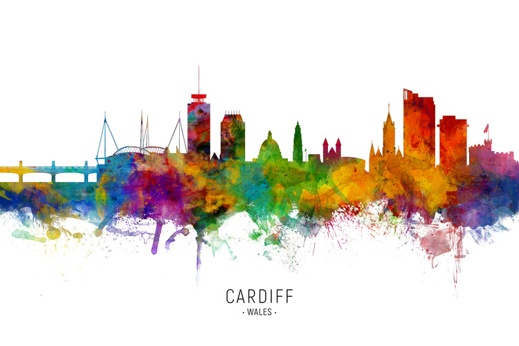 Плакат Cardiff Wales Skyline Cityscape Painting Watercolor