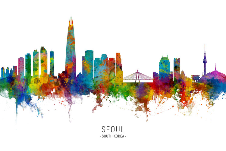 Плакат Seoul South Korea Skyline Cityscape Painting Watercolor