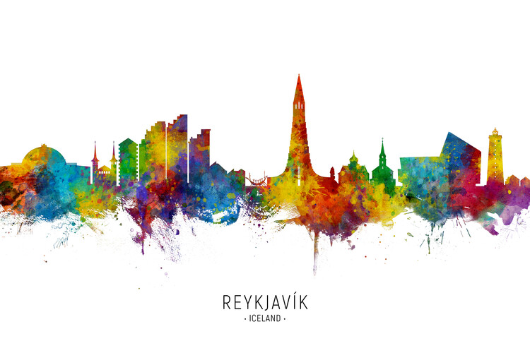 Плакат Reykjavik Iceland Skyline Cityscape Painting Watercolor