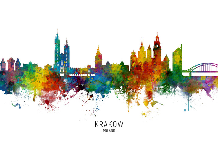 Плакат Krakow Poland Skyline Cityscape Painting Watercolor