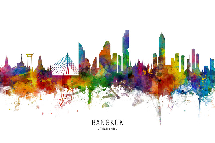 Плакат Bangkok Thailand Skyline Cityscape Painting Watercolor