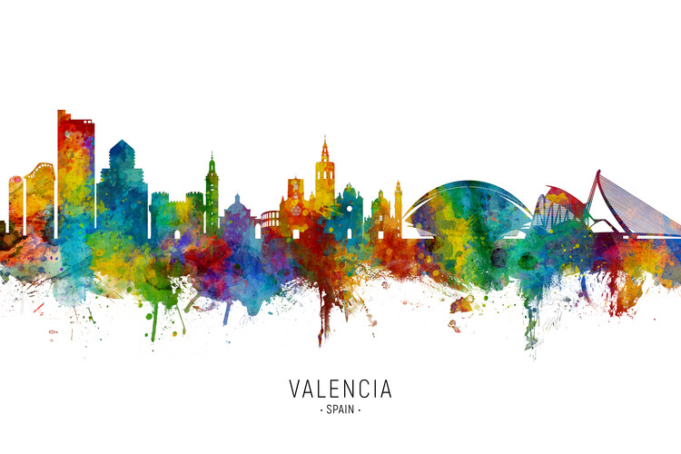 Плакат Valencia Spain Skyline Cityscape Painting Watercolor
