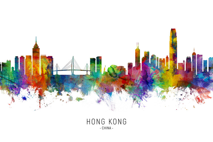 Плакат Hong Kong China Skyline Cityscape Painting Watercolor