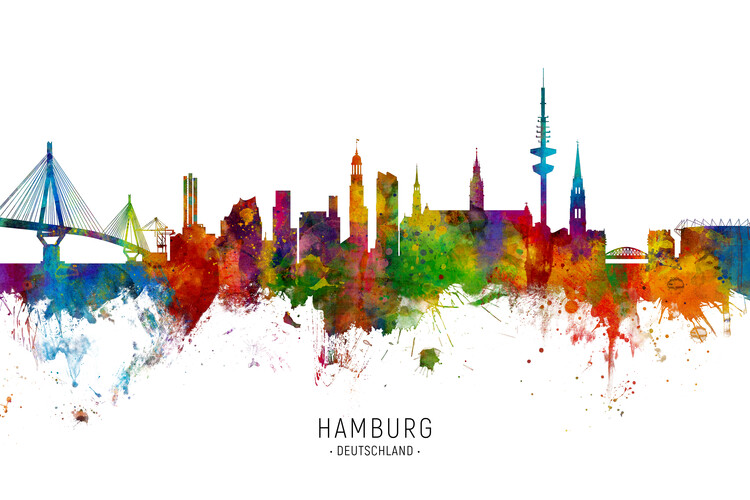 Плакат Hamburg Deutschland Skyline Cityscape Painting Watercolor