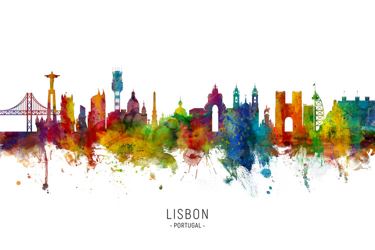 Плакат Lisbon Portugal Skyline Cityscape Painting Watercolor