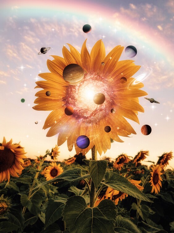 Plakat Sunflower, rainbow and solar system planets