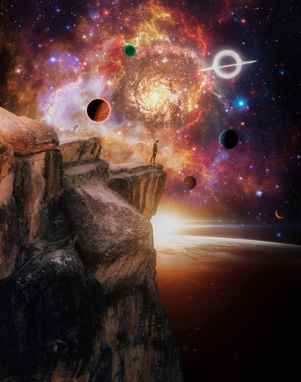 Plakat Silhouette on top of the cliff and ballet of planet