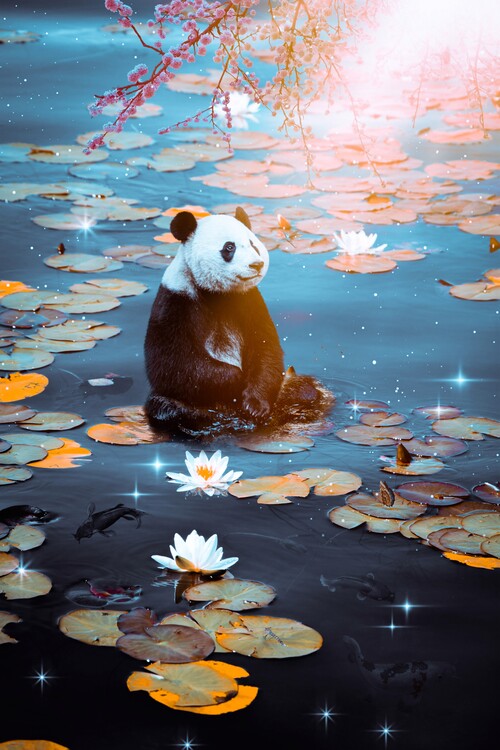 Poster Cute baby panda floating on water lilies
