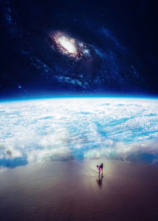 Plakat Surfer Walk on Earth Beach Ocean with Galaxy