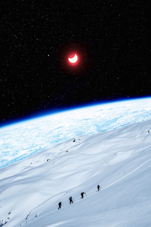 Plakat Climbing the mountain of space and red crescent moon