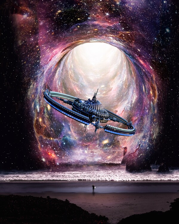 Plakat Alien Spaceship Black Hole and surfer on the beach