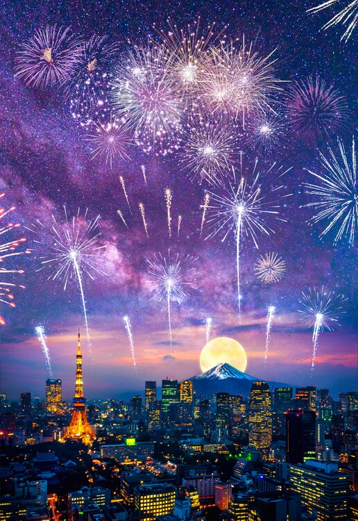Плакат Fireworks and Mount Fuji in Japan