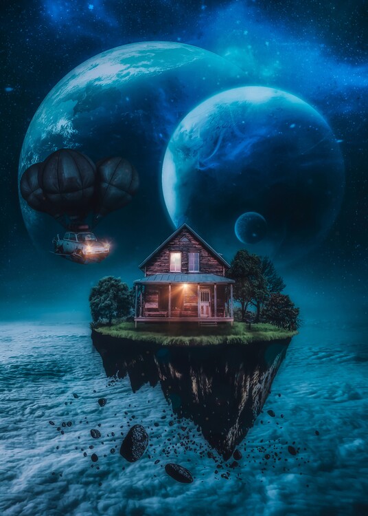 Poster Wood House on a rock in space universe