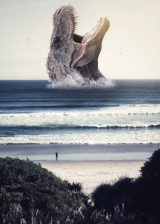 Poster Surfing with giant dinosaur in the ocean