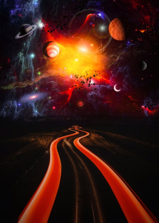 Плакат Speed light car to road space universe