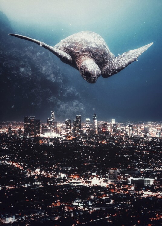 Poster Giant Surreal Turtle flying over city