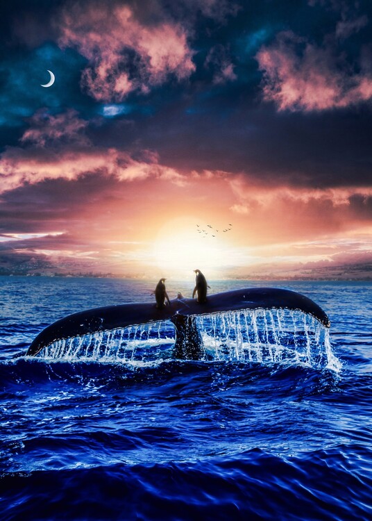 Плакат Journey of two penguins on the tail of a blue whale