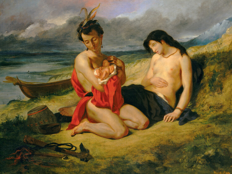 Poster The Natchez (A Tribal Mother Father & Newborn Baby) - Eugène Delacroix