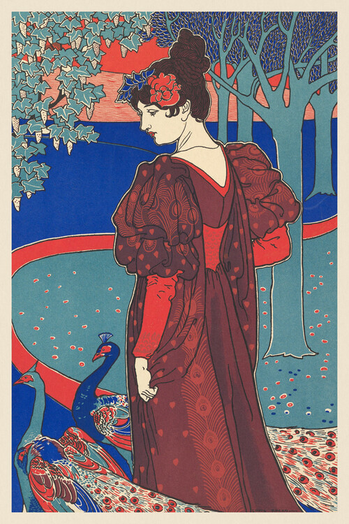 Poster The Woman & The Peacocks (Beautiful Vintage Female Portait) - Louis Rhead