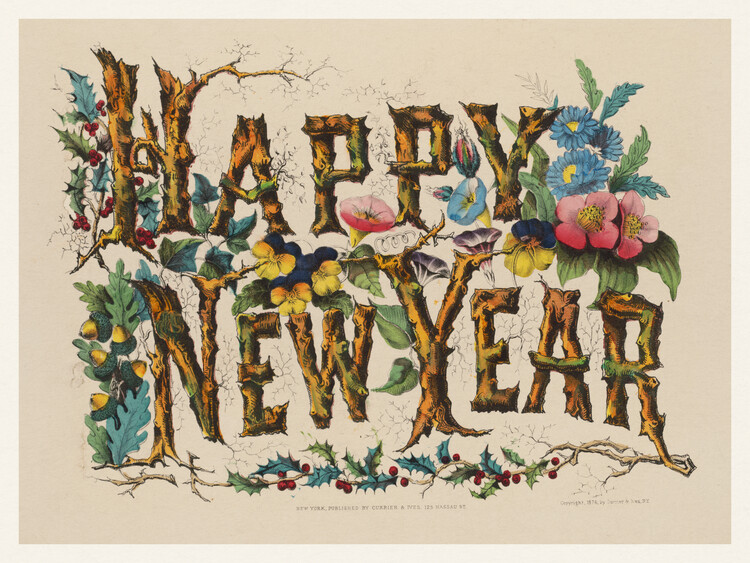 Poster Happy New Year (Rustic Farmhouse Vintage Lithograph) - Retro Home Sign