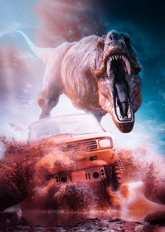 Plakát The Tyrannosaurus attack car in desert