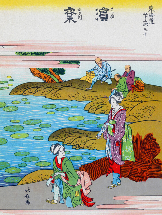 Принти на полотні Hamamatsu-juku / Japanese Geisha Girls by the Water (Pink & Green Japandi) - Katsushika Hokusai