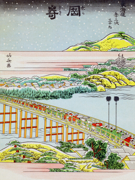 Obraz na płótnie Okazaki-shuku / Japanese Festive Snow Scene at Bridge (Pink & Green Japandi) - Katsushika Hokusai