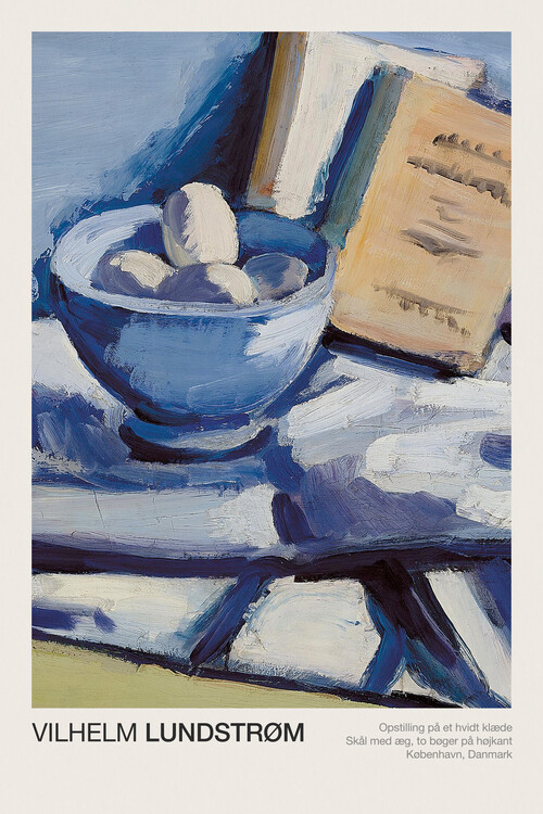 Plakát Still Life with a white cloth, Bowl of eggs and two books (Abstract Kitchen) - Vilhelm Lundstrøm