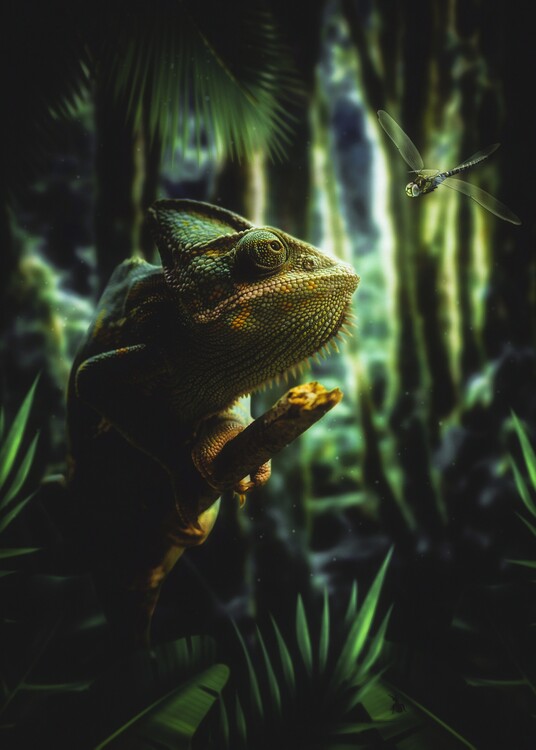 Poster The Chameleon and the Dragonfly in green jungle