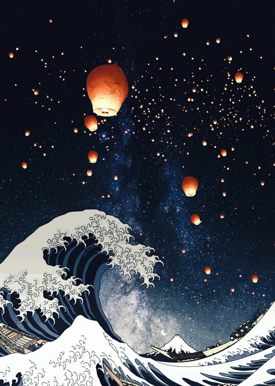 Плакат Mount Fuji, The Big Wave and japanese lanterns