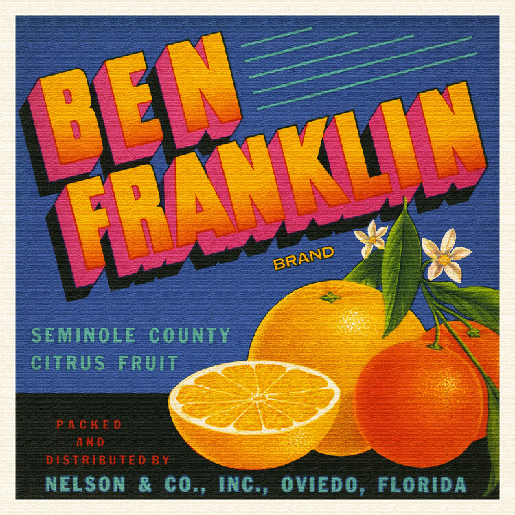 Poster Ben Franklin Brand (Colourful Retro Graphic / Vintage Fruit & Fresh Produce Advertisement) - Florida Crate Labels