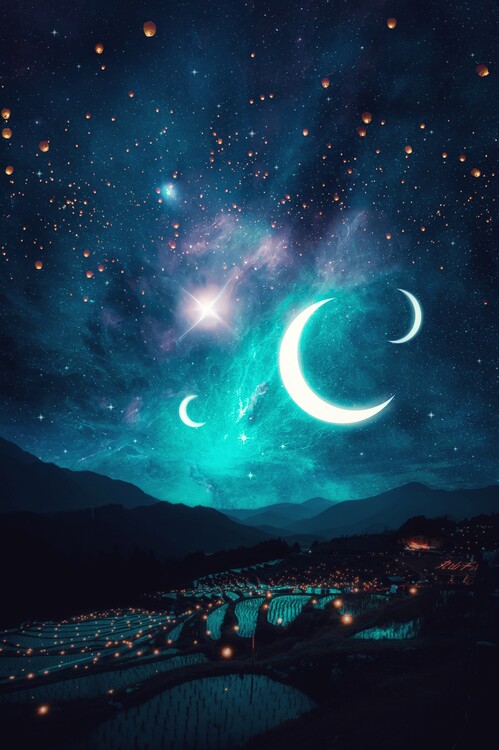 Poster Three Crescent Moons and Japanese rice fields