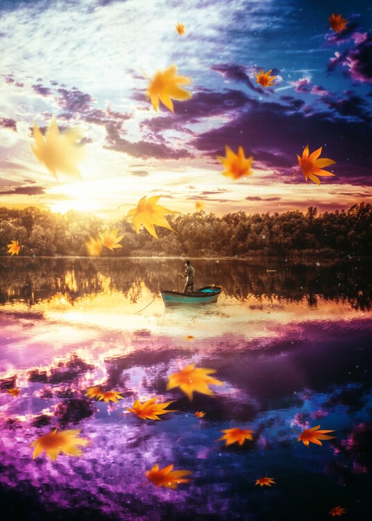 Плакат Solitary fisherman at sunset night and autumn leaves