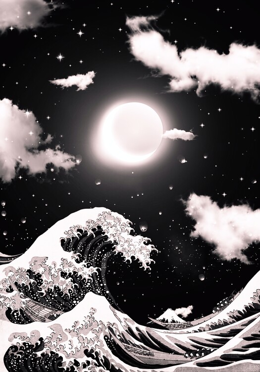 Плакат The Great Wave of Kanagawa of Hokusai black and white