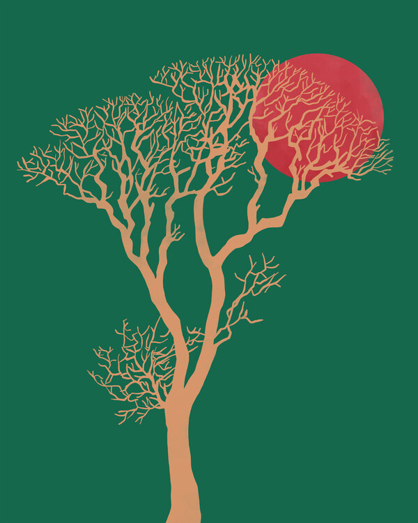 Poster Green sunset with tree