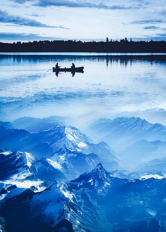Плакат Silhouette Canoe on Underwater Blue Mountains