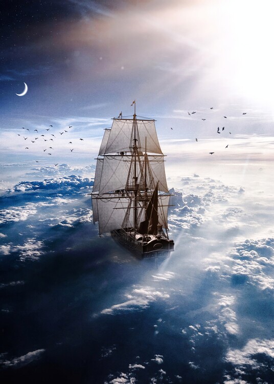 Плакат Sailboat sea of clouds fantatstic travel