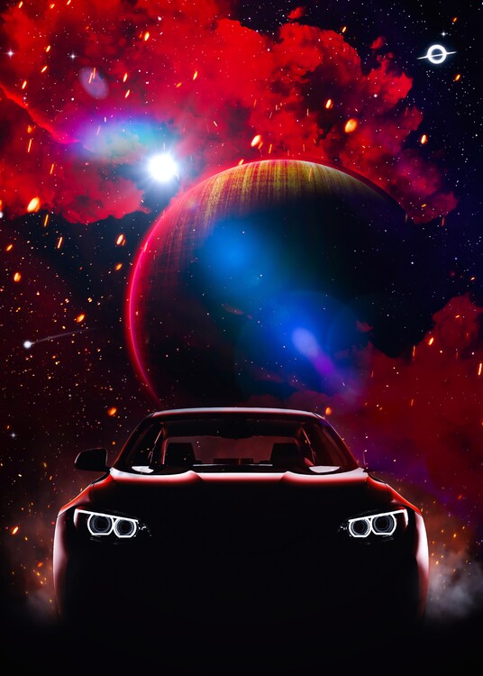 Poster Red Sportive car in space universe