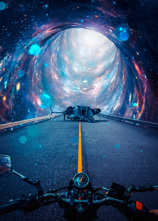 Poster Meet Aliens on a Motorcycle passed through a glass hole