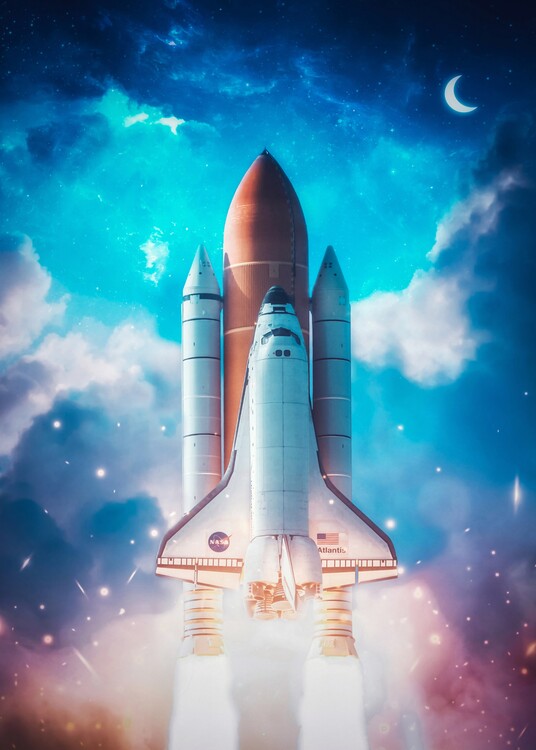 Poster Rocket Launch Crescent Moon in the blue cloudy sky