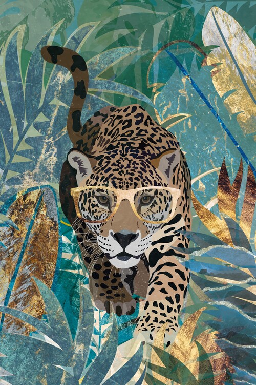 Poster Curious Jaguar in the gold and green jungle