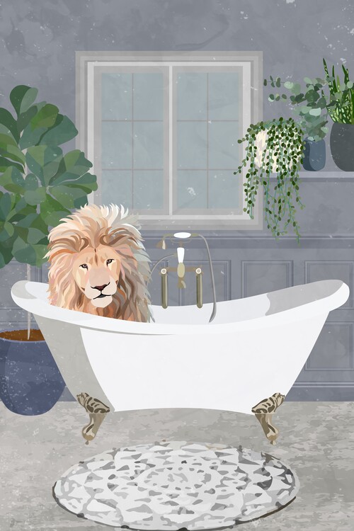 Poster Lion taking a bath