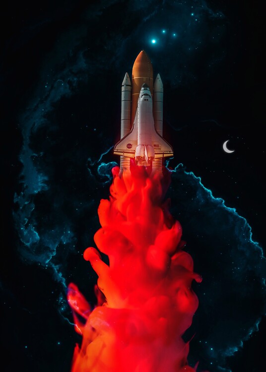 Poster Red Ink Rocket Takeoff in blue clouds