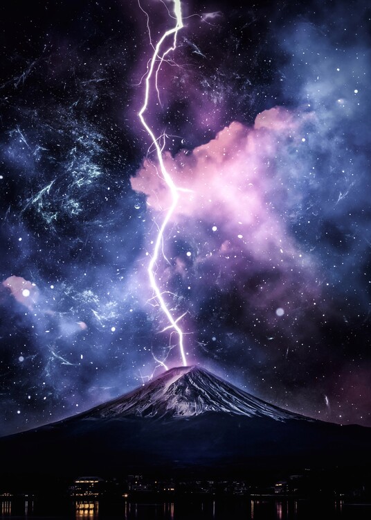 Poster Mount Fuji Thunderbolt and cloudy space sky