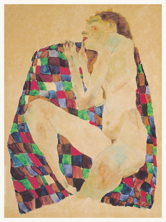 Obraz na płótnie Girl on a Check Blanket (Female Nude Portrait) - Egon Sciele