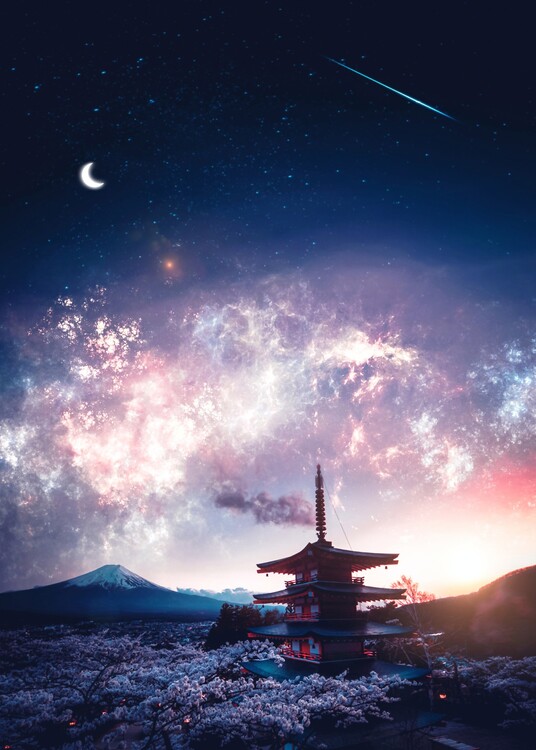 Poster Mount Fuji Japanese Starry Night Sky