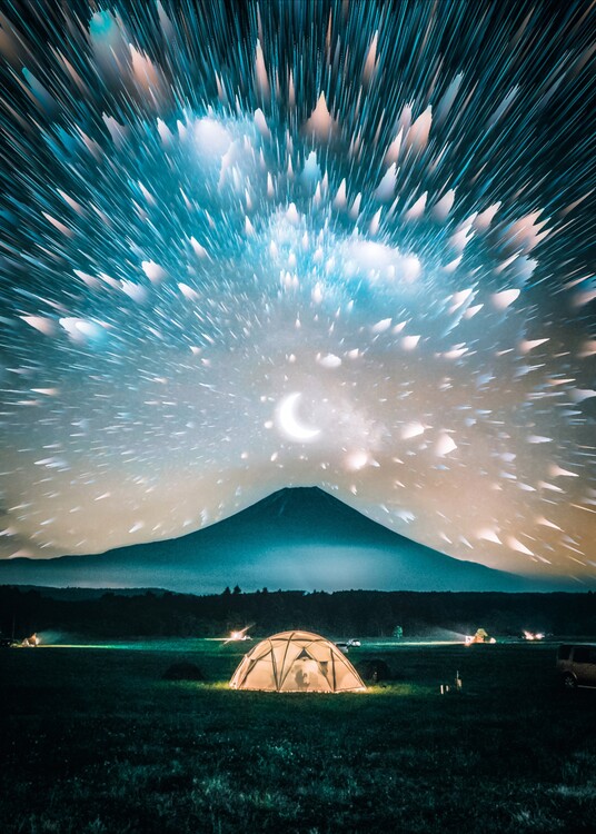 Poster Mount Fuji Campground and sky stars explosion