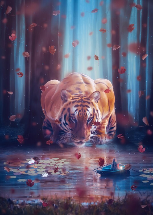 Plakat Fantasy Giant Tiger Princess and Autumn Leaves